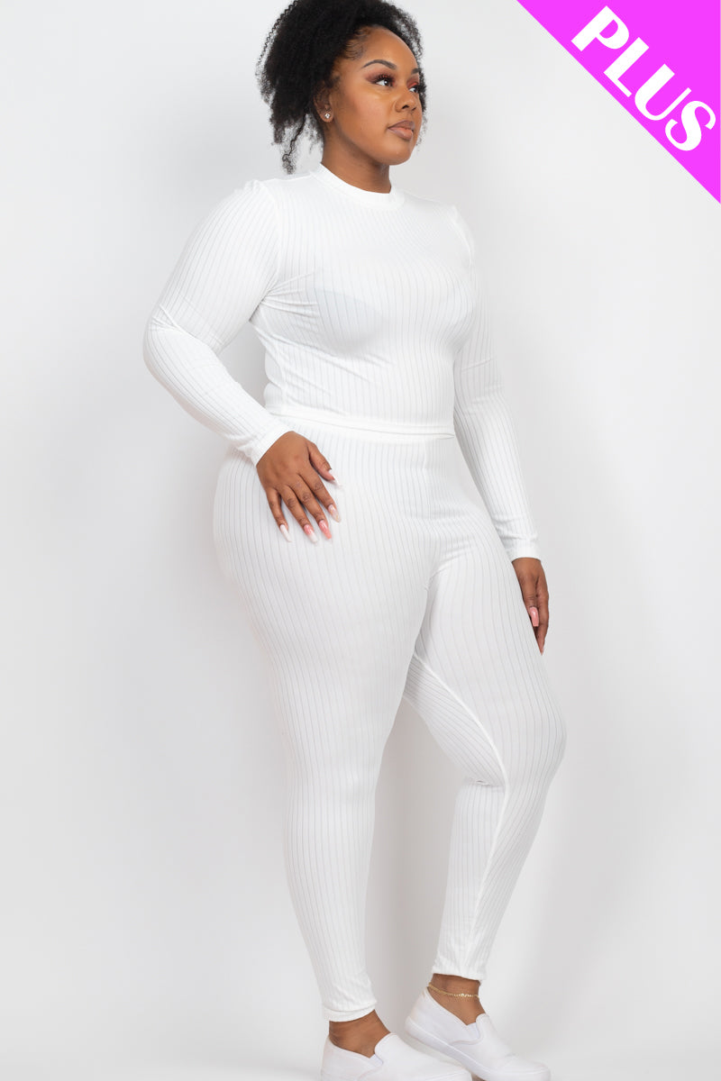 Plus Size Ribbed Mock Neck Long Sleeve Top & Leggings Set