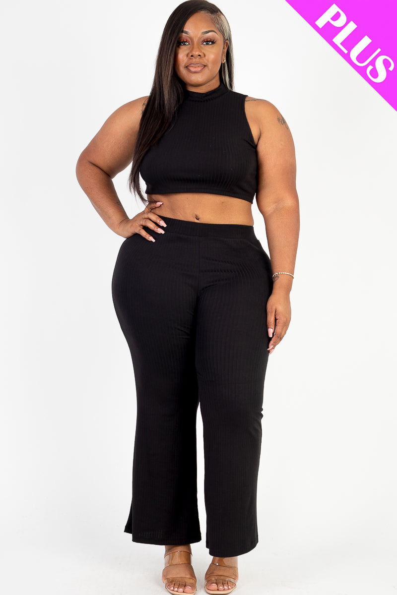Plus Size Ribbed Mock Neck Crop Tank Top & Bootcut Pants Set