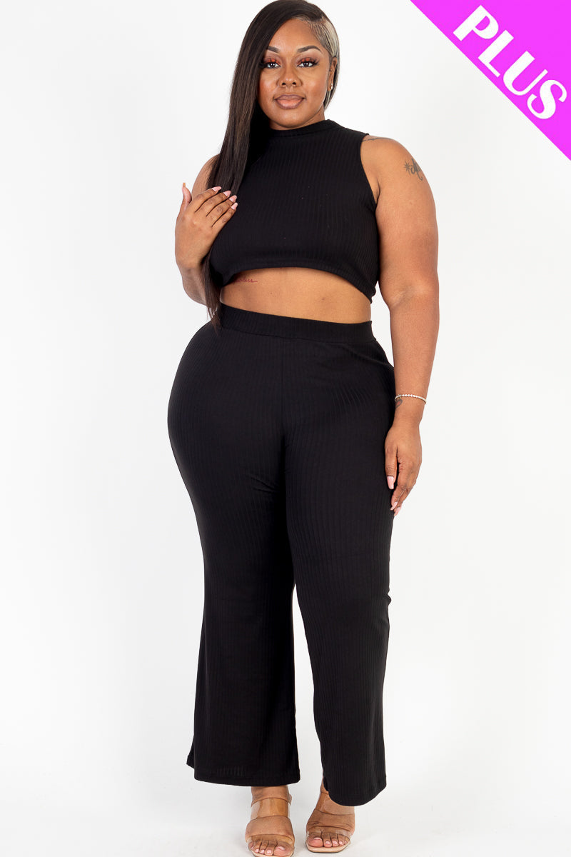 Plus Size Ribbed Mock Neck Crop Tank Top & Bootcut Pants Set
