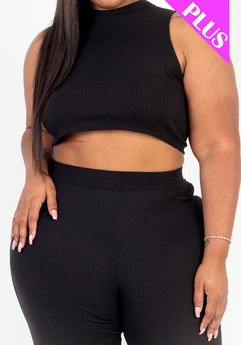 Plus Size Ribbed Mock Neck Crop Tank Top & Bootcut Pants Set