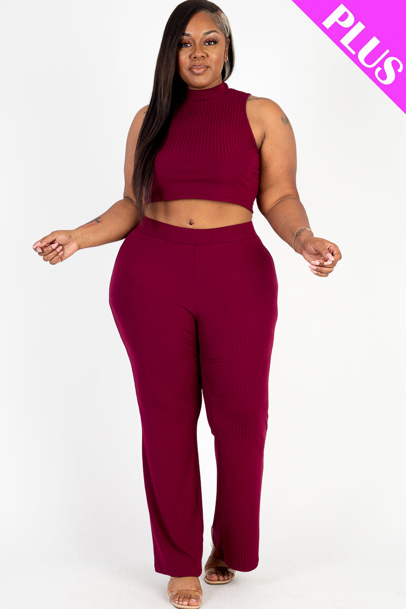 Plus Size Ribbed Mock Neck Crop Tank Top & Bootcut Pants Set