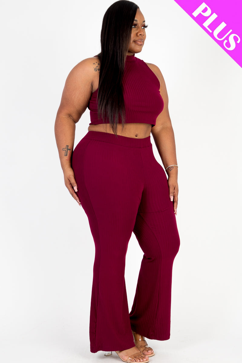 Plus Size Ribbed Mock Neck Crop Tank Top & Bootcut Pants Set
