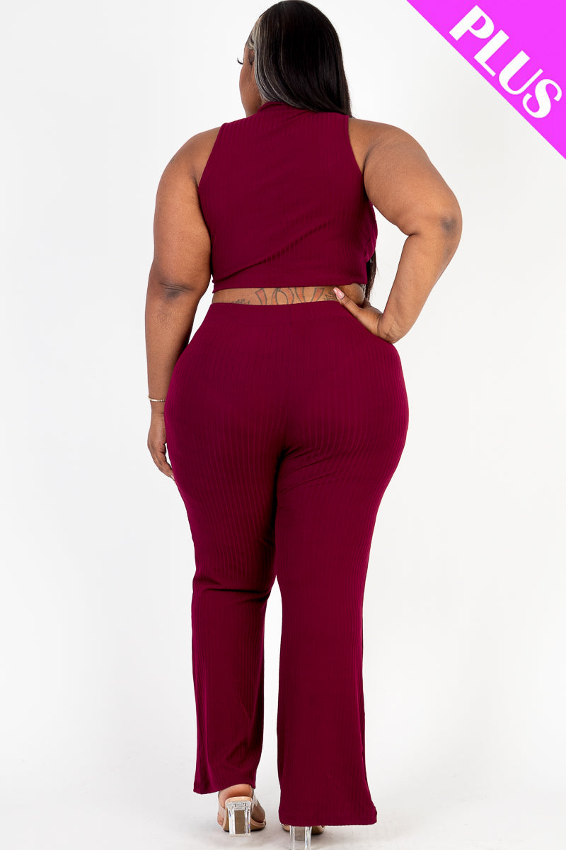 Plus Size Ribbed Mock Neck Crop Tank Top & Bootcut Pants Set