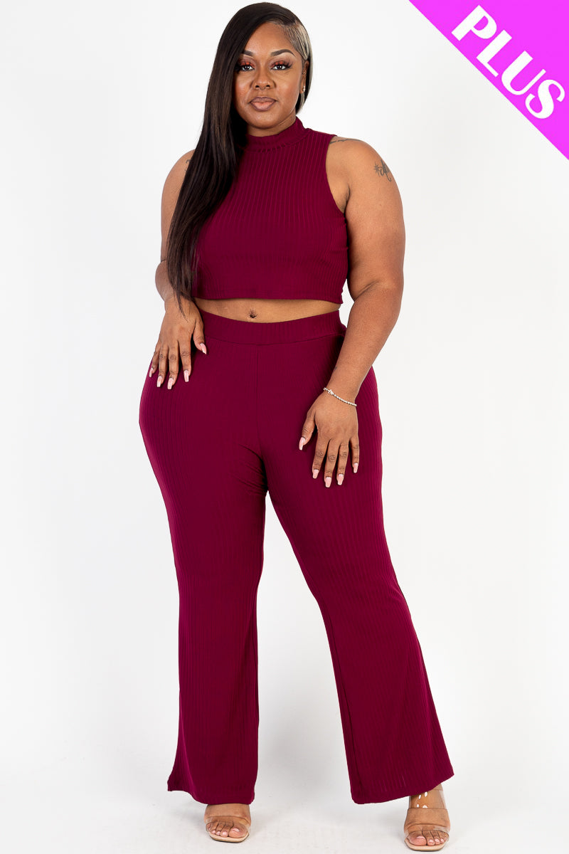 Plus Size Ribbed Mock Neck Crop Tank Top & Bootcut Pants Set