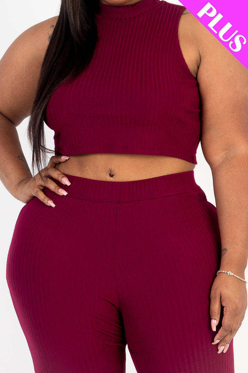 Plus Size Ribbed Mock Neck Crop Tank Top & Bootcut Pants Set