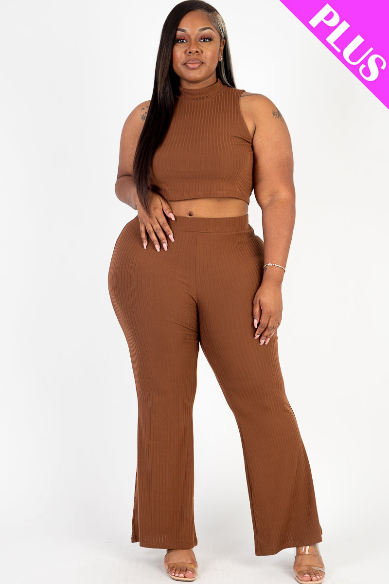 Plus Size Ribbed Mock Neck Crop Tank Top & Bootcut Pants Set