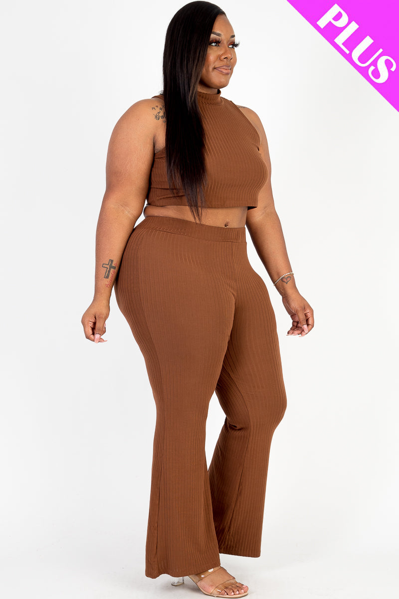 Plus Size Ribbed Mock Neck Crop Tank Top & Bootcut Pants Set