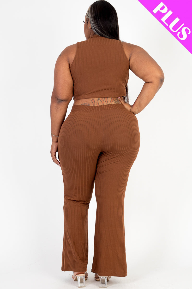 Plus Size Ribbed Mock Neck Crop Tank Top & Bootcut Pants Set