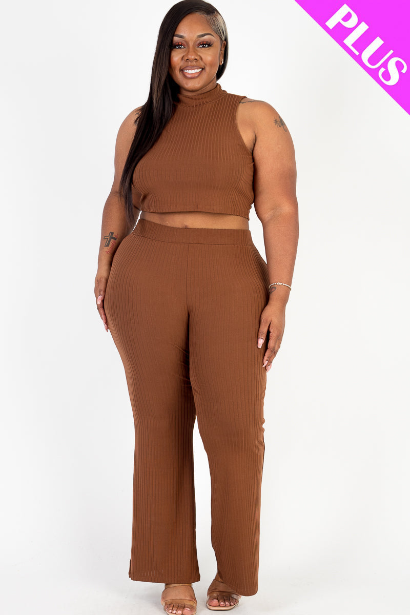 Plus Size Ribbed Mock Neck Crop Tank Top & Bootcut Pants Set