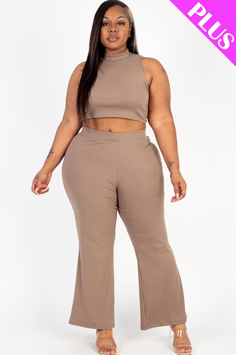 Plus Size Ribbed Mock Neck Crop Tank Top & Bootcut Pants Set