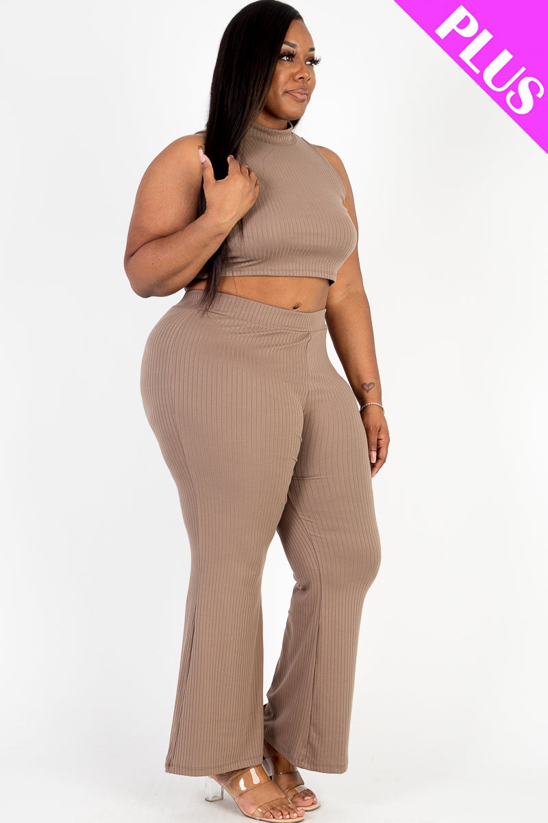 Plus Size Ribbed Mock Neck Crop Tank Top & Bootcut Pants Set