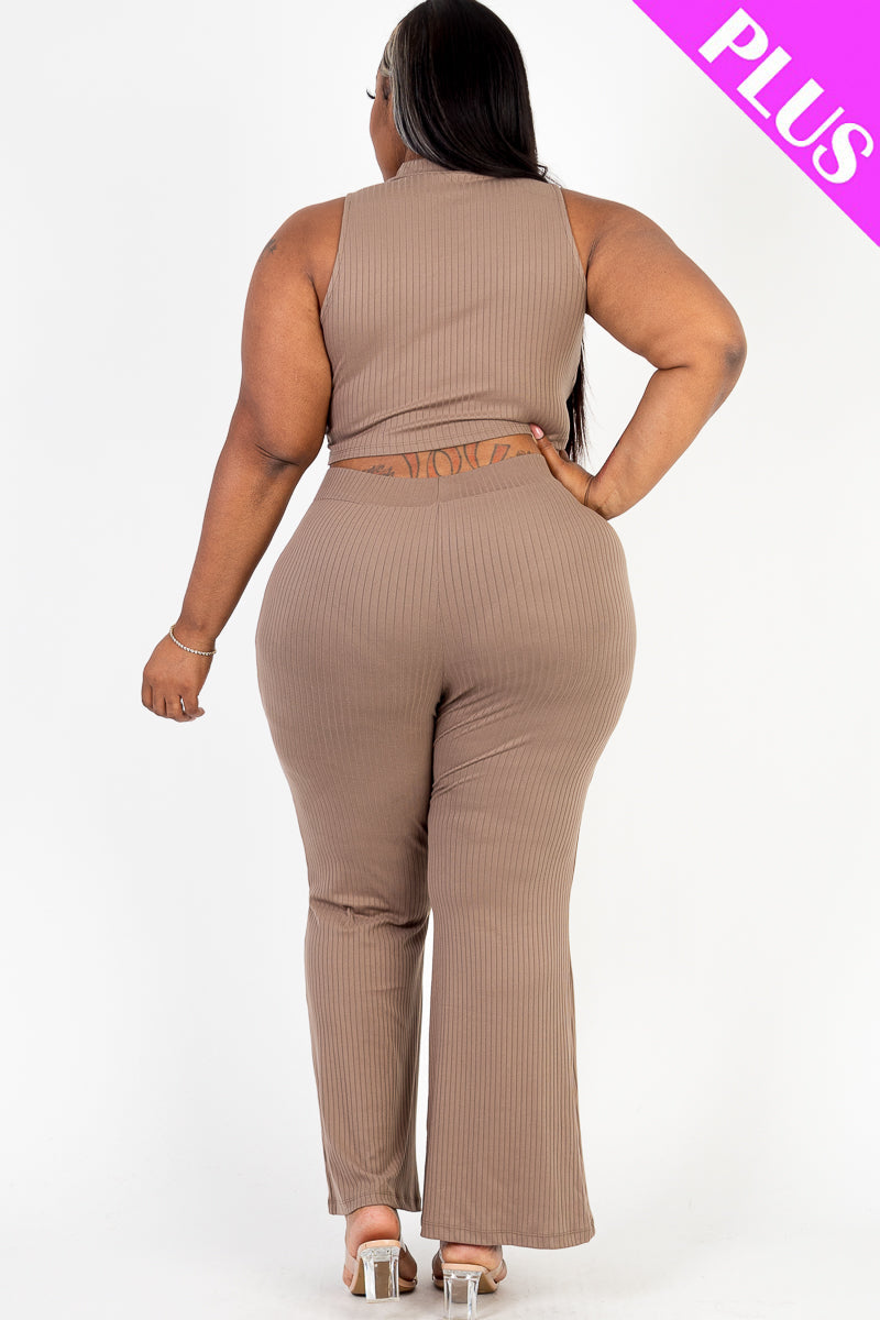 Plus Size Ribbed Mock Neck Crop Tank Top & Bootcut Pants Set