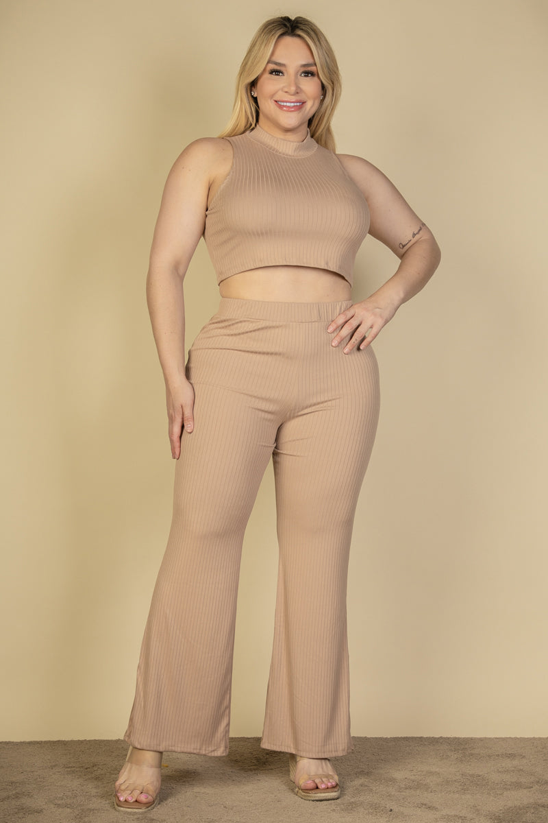 Plus Size Ribbed Mock Neck Crop Tank Top & Bootcut Pants Set