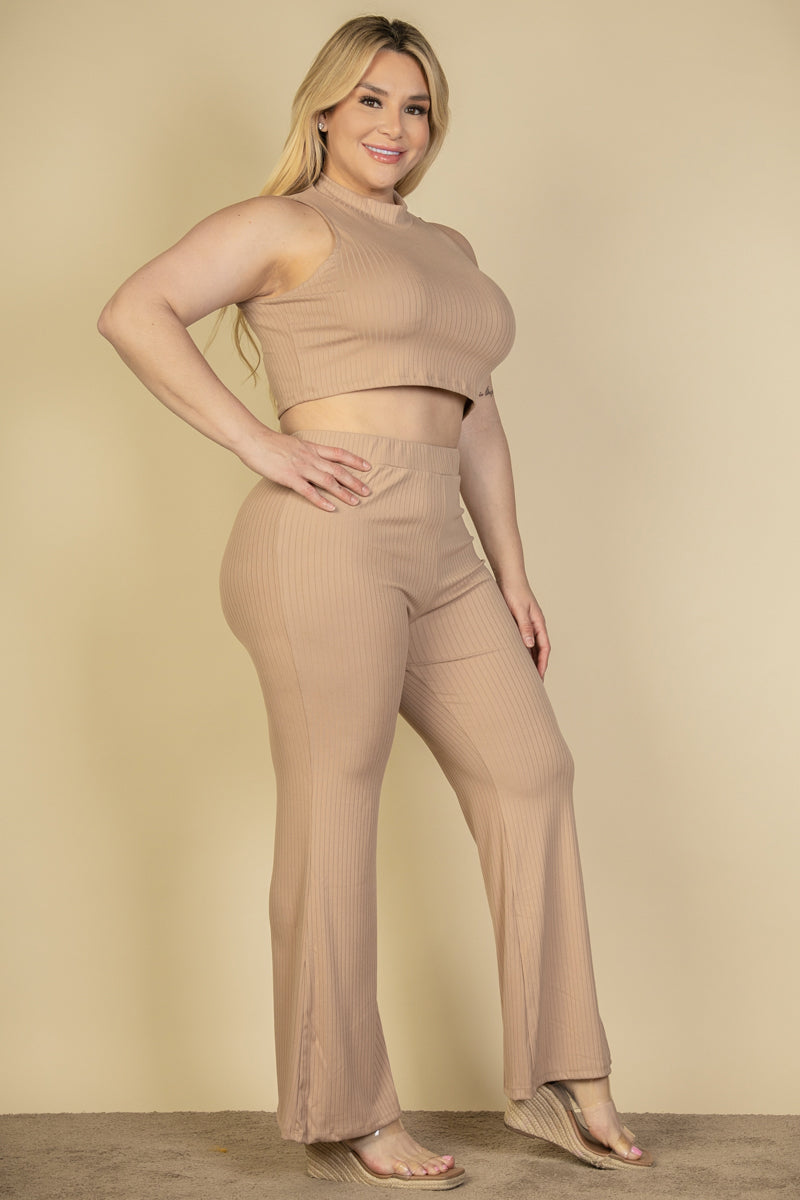 Plus Size Ribbed Mock Neck Crop Tank Top & Bootcut Pants Set