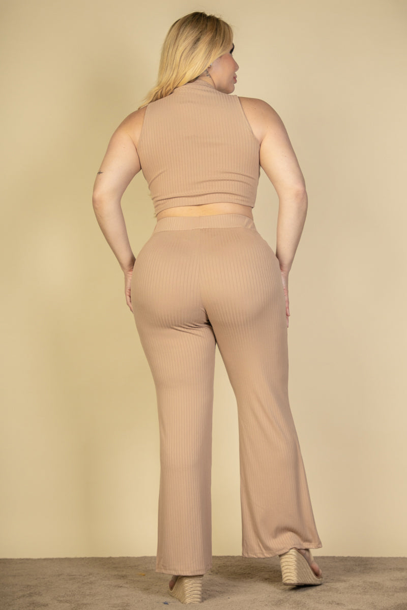 Plus Size Ribbed Mock Neck Crop Tank Top & Bootcut Pants Set