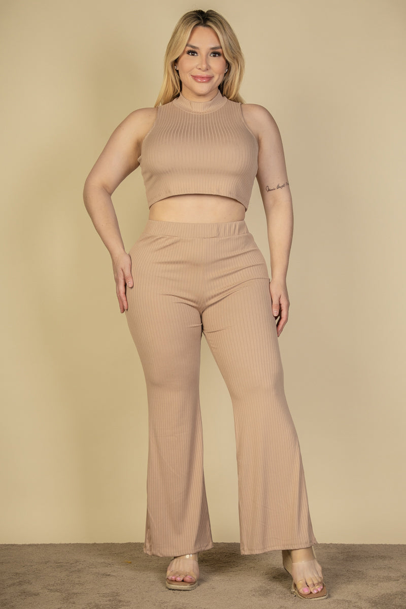 Plus Size Ribbed Mock Neck Crop Tank Top & Bootcut Pants Set