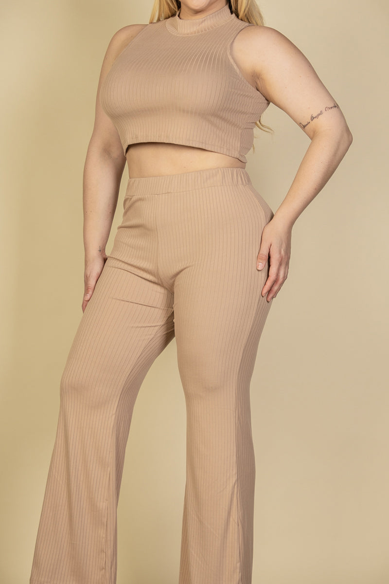 Plus Size Ribbed Mock Neck Crop Tank Top & Bootcut Pants Set