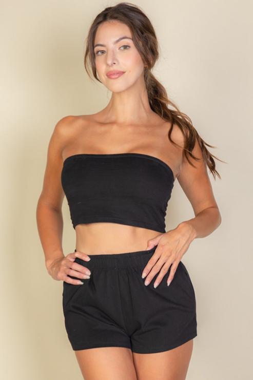 Terry Cloth Tube Top And Shorts Two Piece Set