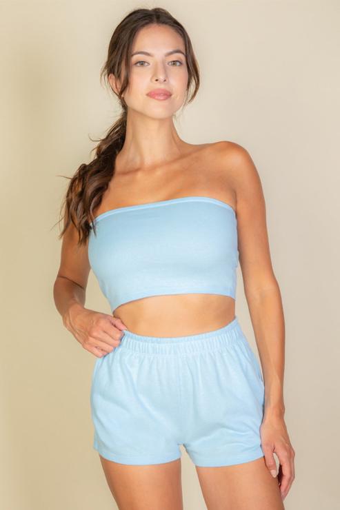 Terry Cloth Tube Top And Shorts Two Piece Set