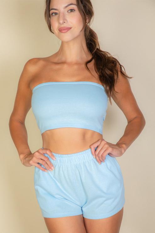 Terry Cloth Tube Top And Shorts Two Piece Set