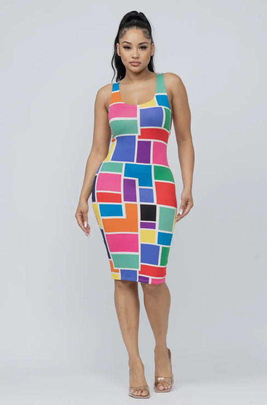 Printed Bodycon Tank Midi Dress