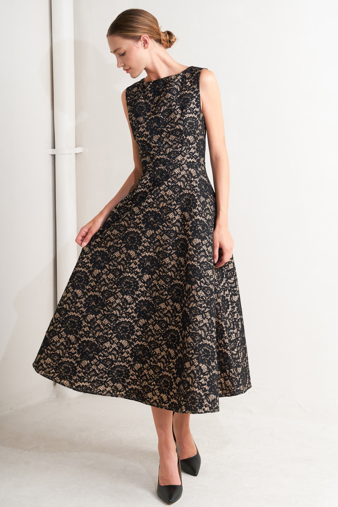 NightFall Chic Lace Woven Midi Dress