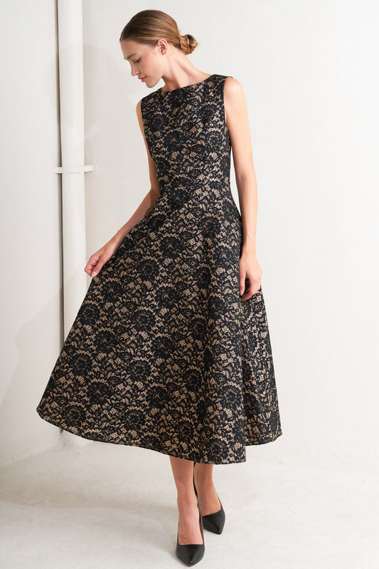 NightFall Chic Lace Woven Midi Dress