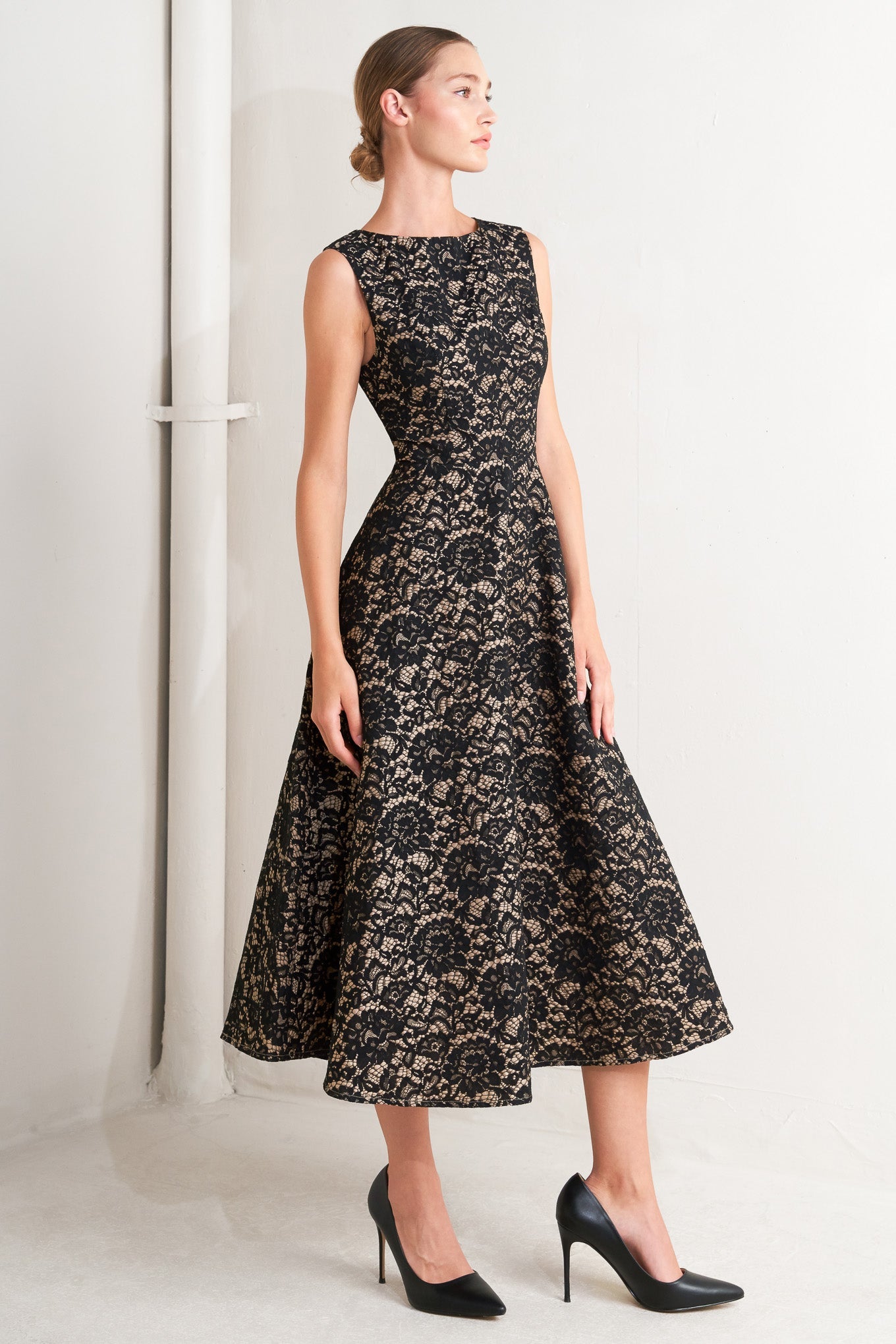 NightFall Chic Lace Woven Midi Dress