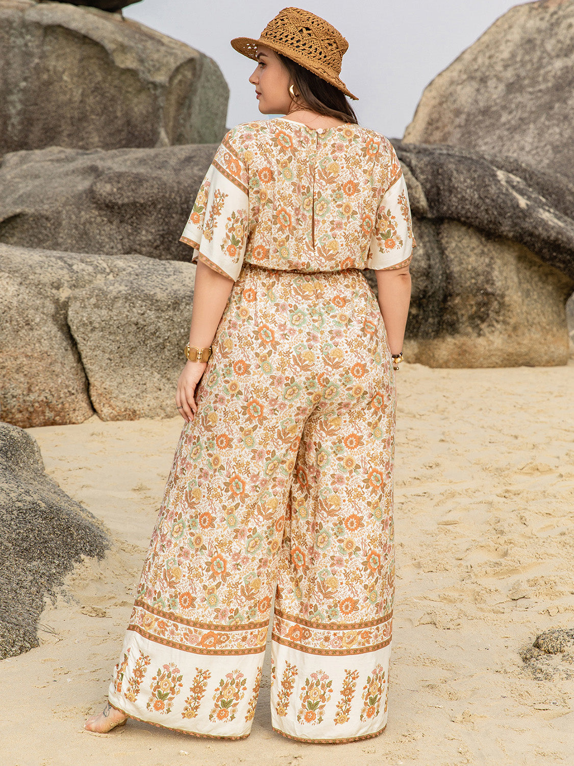 Plus Size V-Neck Flutter Sleeve Wide Leg  Floral Print Jumpsuit