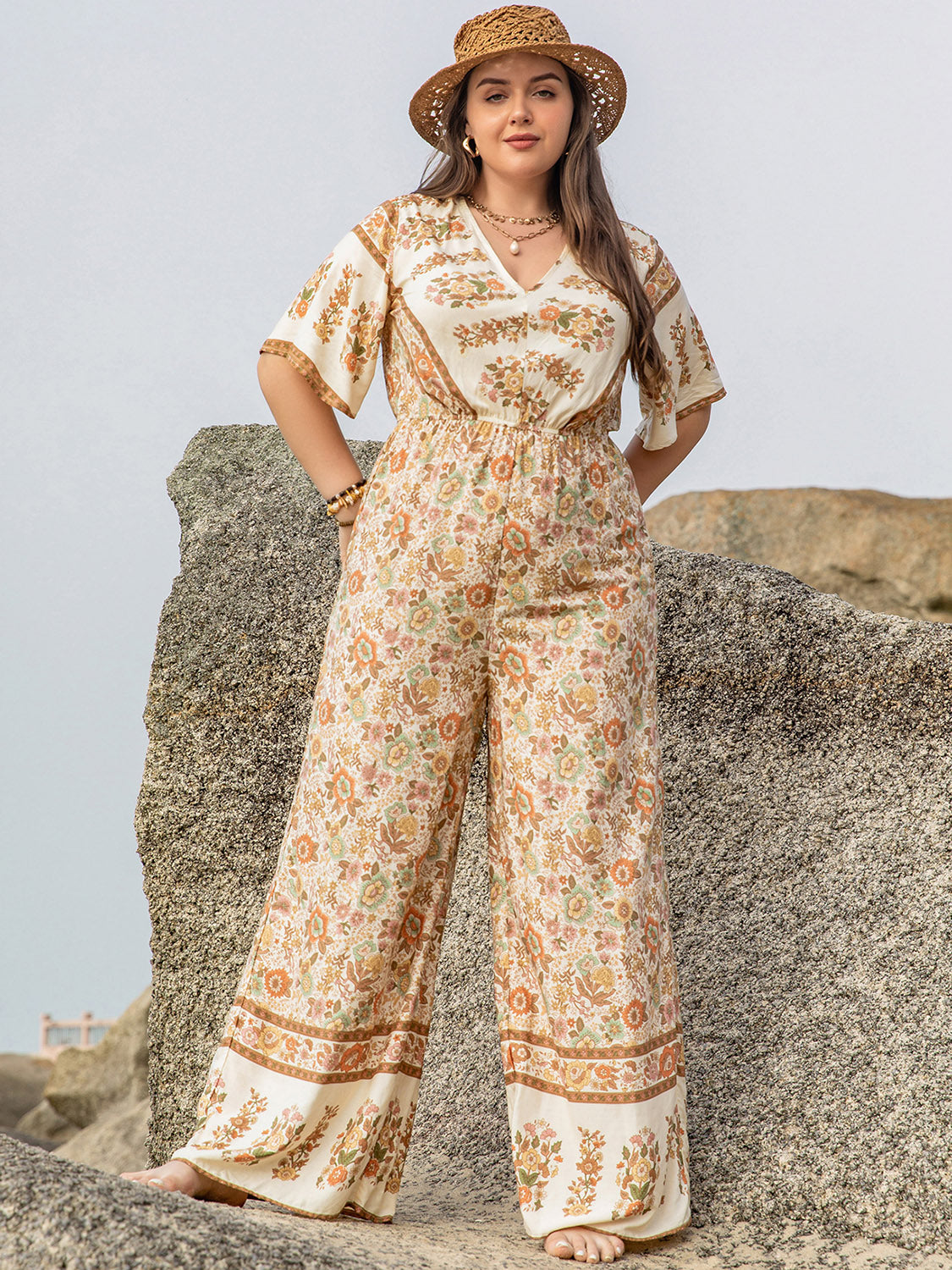 Plus Size V-Neck Flutter Sleeve Wide Leg  Floral Print Jumpsuit