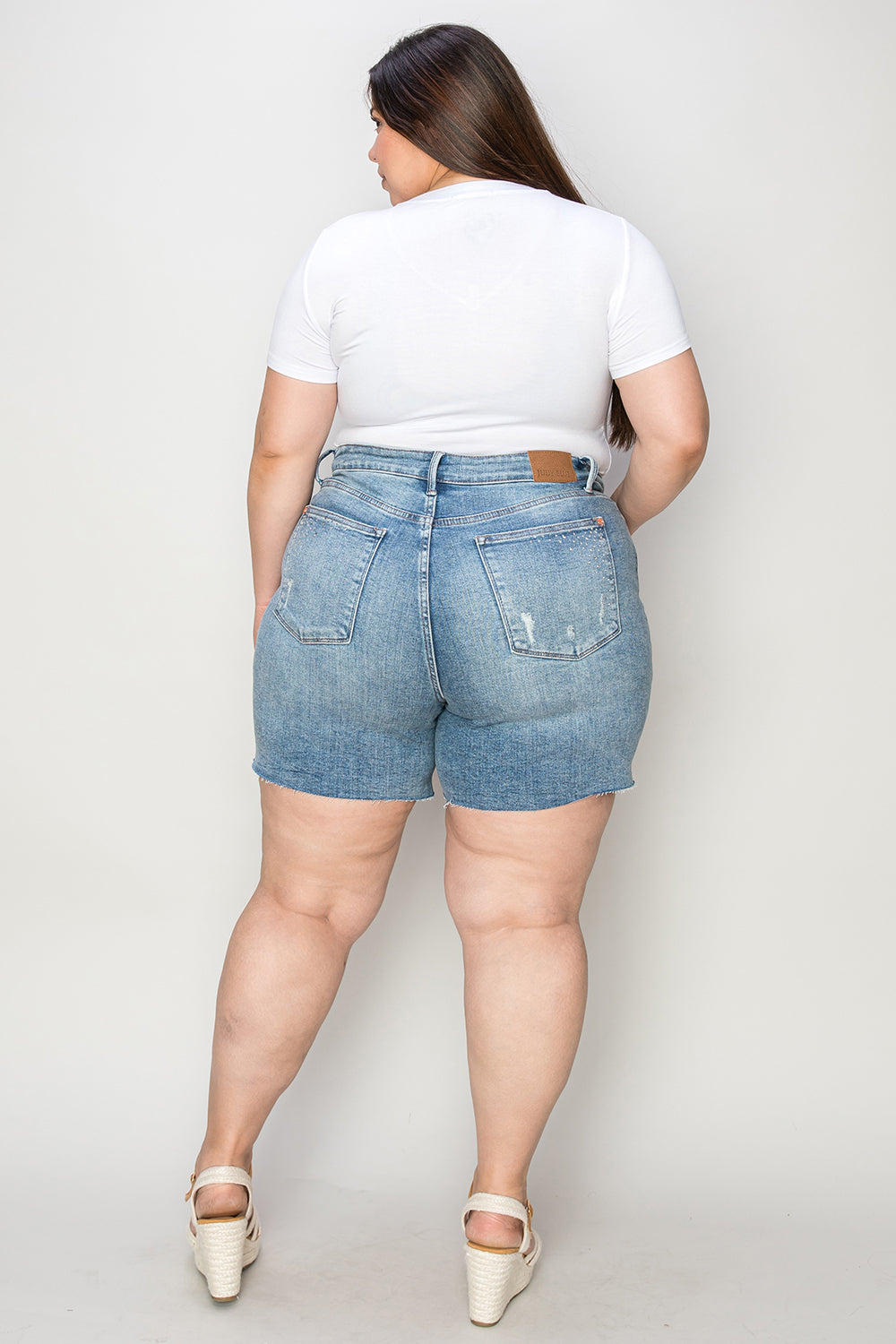 Judy Blue Mid Length Denim Shorts Rhinestone Decor Denim Shorts