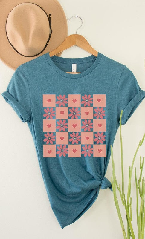 Flower and Heart Checker Print Graphic Tee