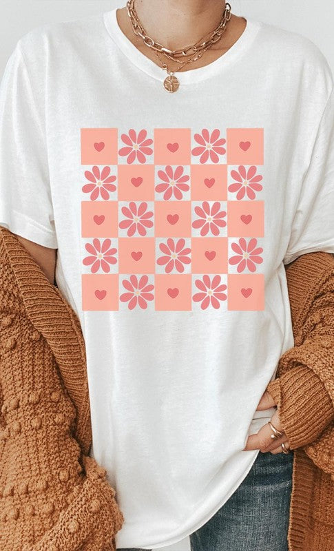 Flower and Heart Checker Print Graphic Tee
