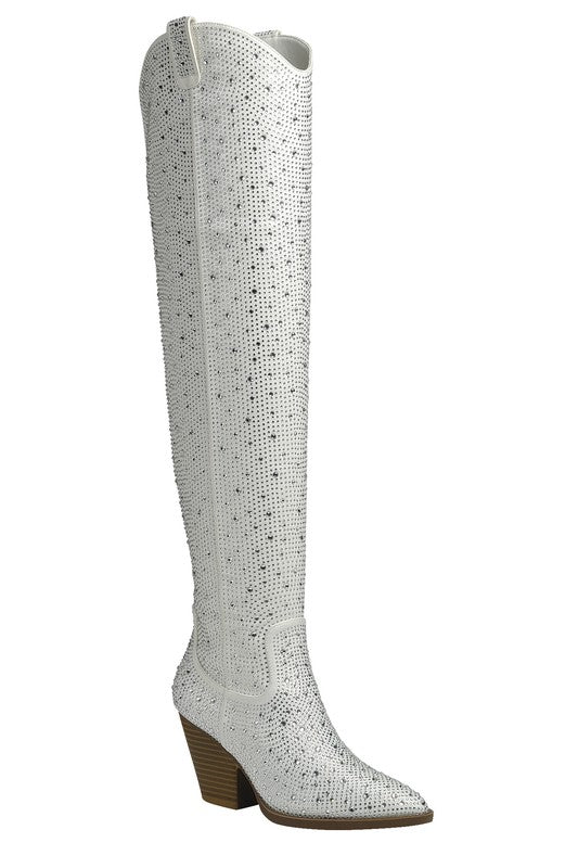 Knee High Rhinestones Bedazzled Cowboy Boots