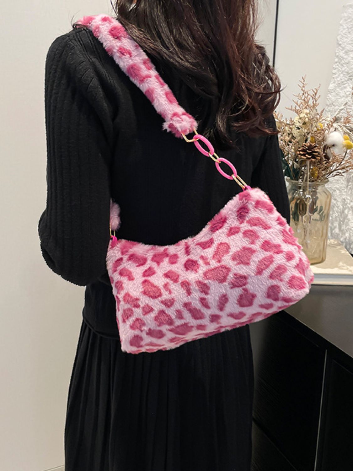 Animal Print Fluffy Shoulder Bag