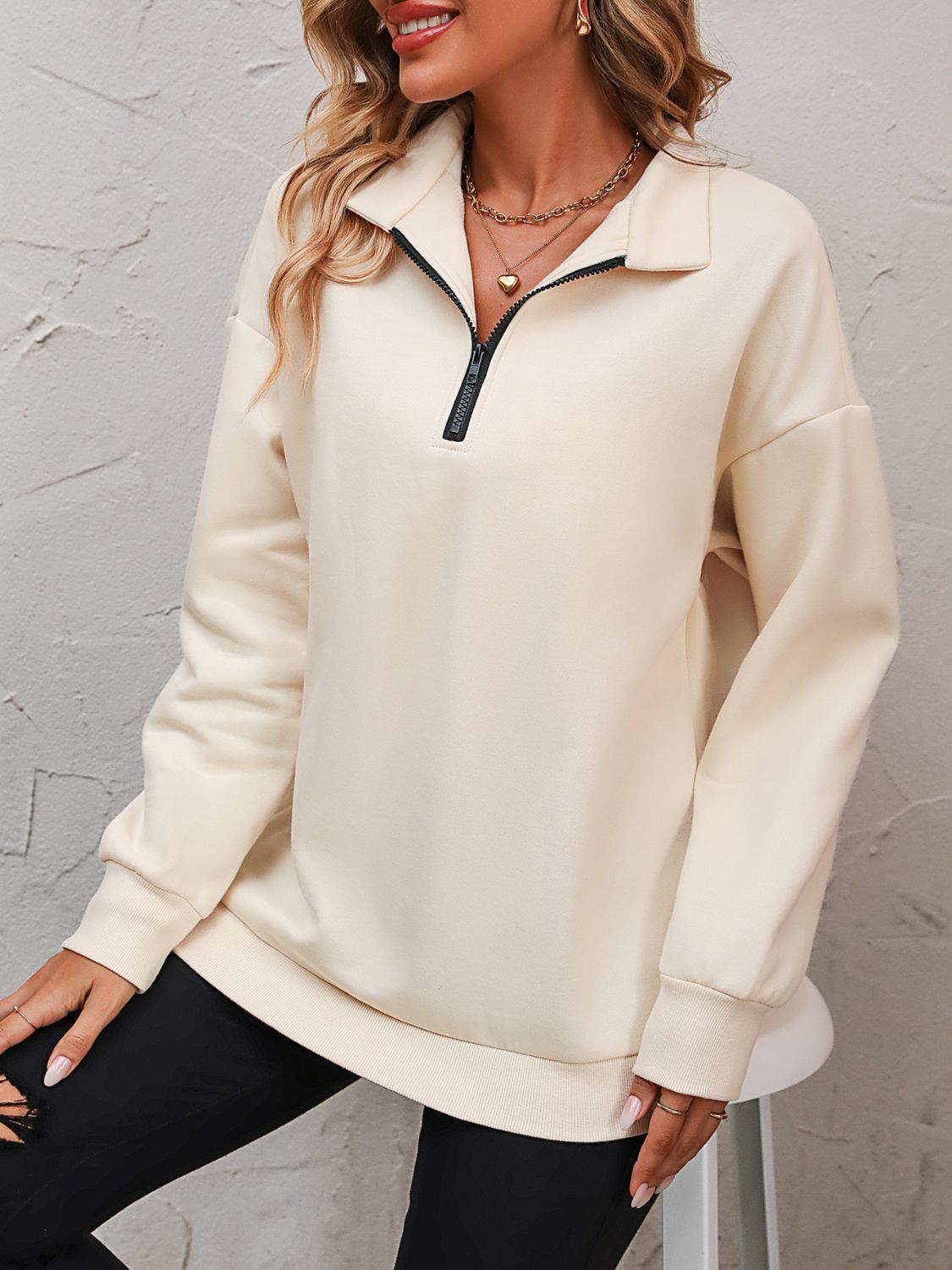 Half Zip-Up Dropped Shoulder Pullover Sweatshirt