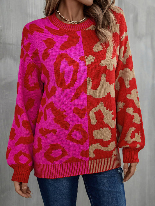 Women Round Neck Two Tone Color Casual Sweater
