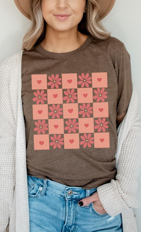 Flower and Heart Checker Print Graphic Tee
