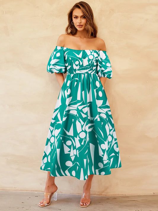 Printed Off-Shoulder Balloon Sleeve Midi Dress