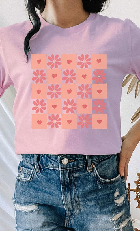 Flower and Heart Checker Print Graphic Tee