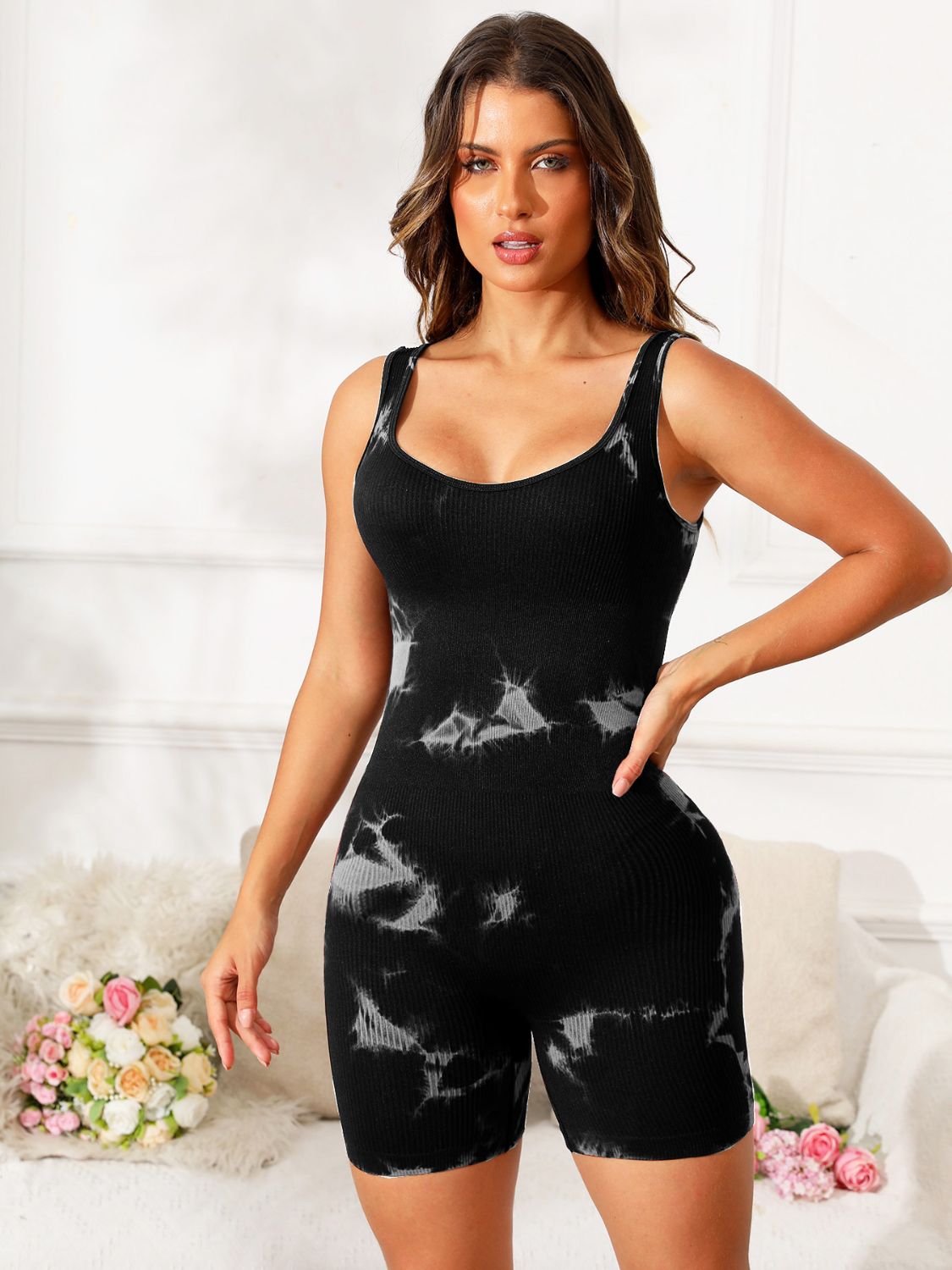 Tie-Dye Wide Spaghetti Strap Fitted Romper