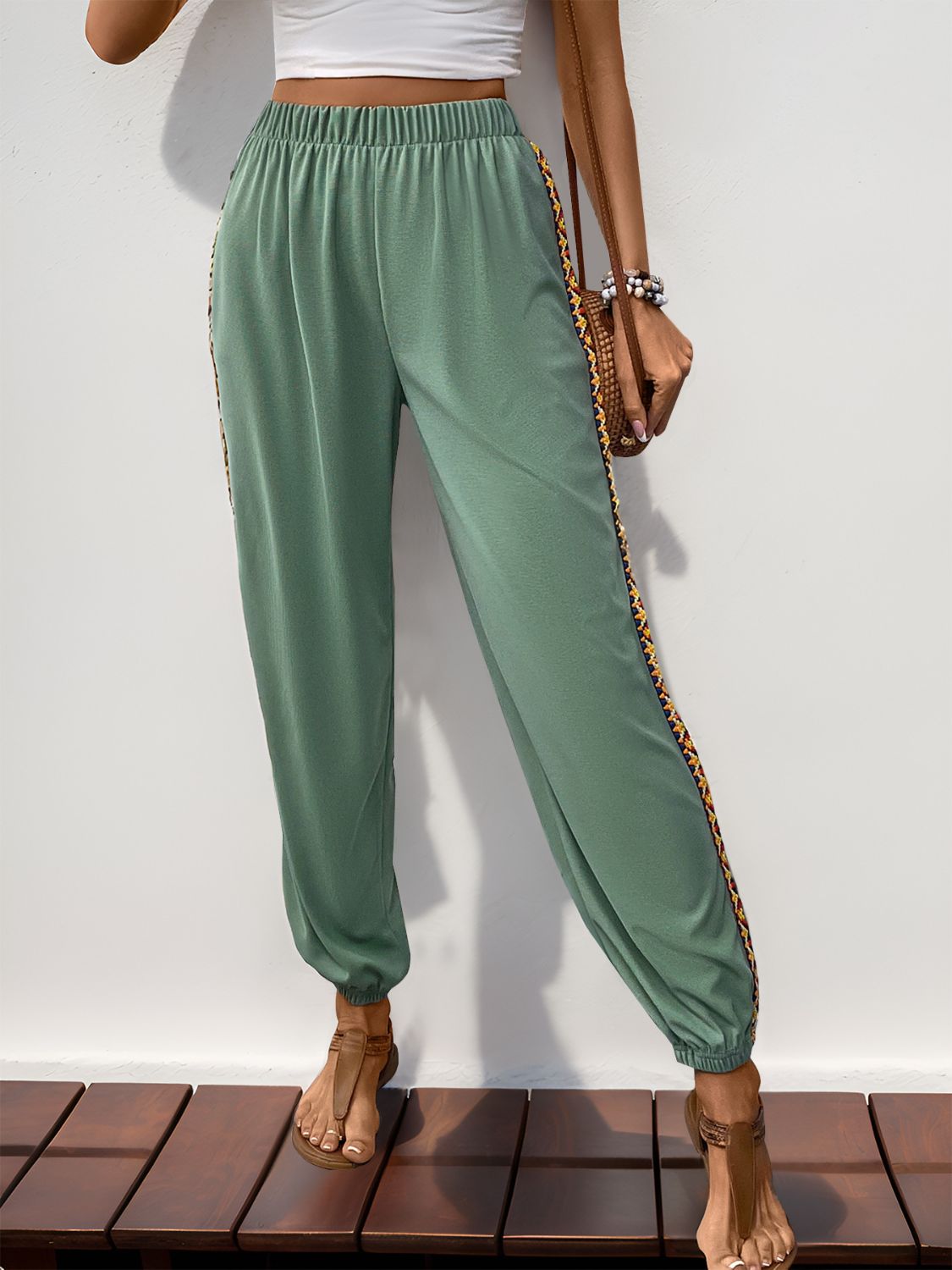 Weave Band Patchwork Elastic Waist Casual Fleece Joggers