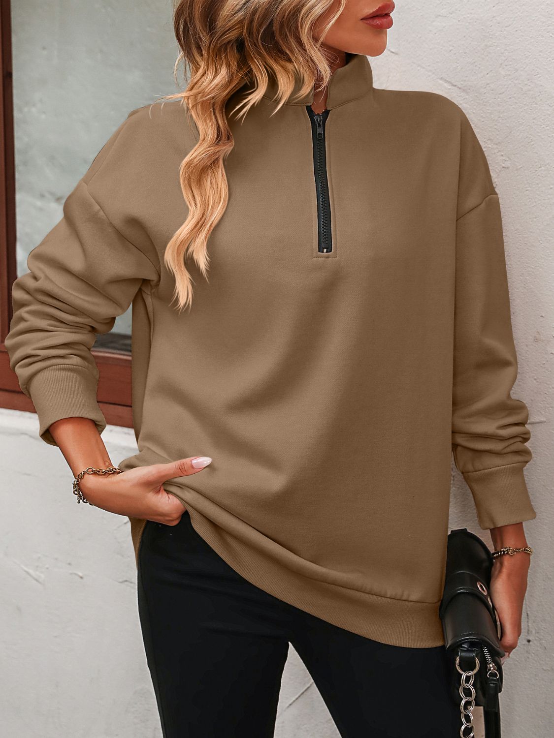 Half Zip-Up Dropped Shoulder Pullover Sweatshirt