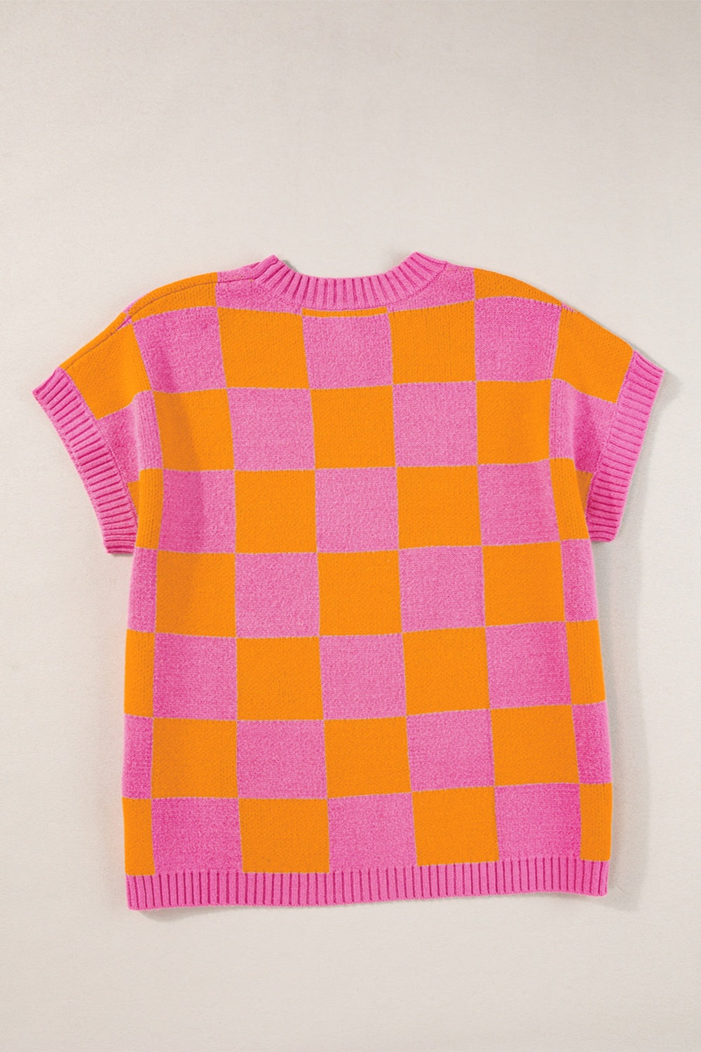 Checkered Board Pattern Round Neck Short Sleeve Sweater