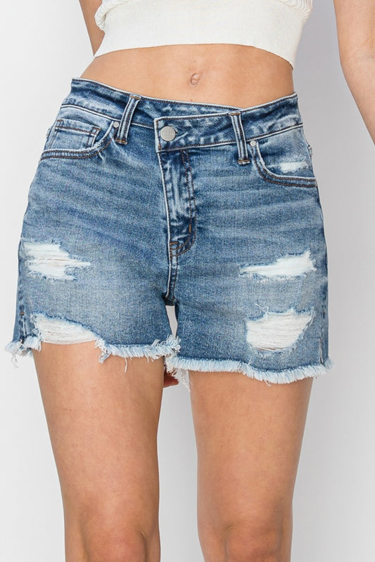 RISEN Stepped Mid Waist Frayed Denim Shorts