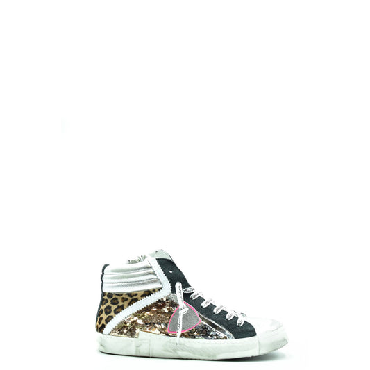 High-top sneaker with leopard print and sequin details on a white background