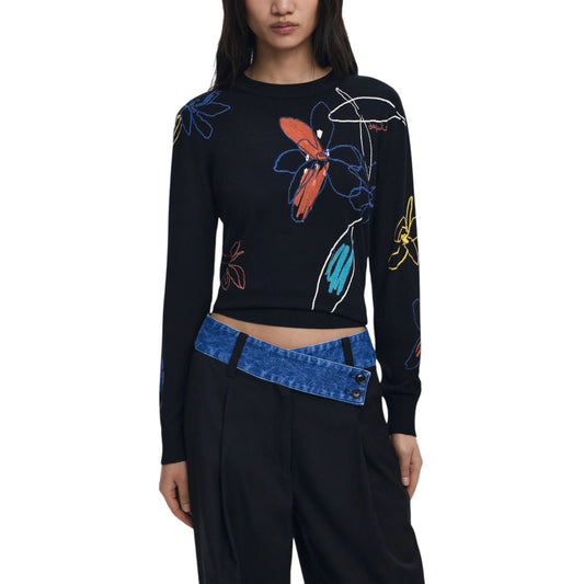 Desigual Women Knitwear Fine Sweater with Floral Strokes
