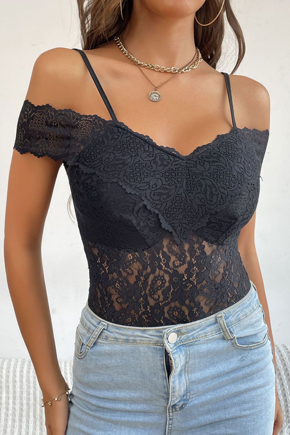 Lace off the Shoulder Short Sleeves Bodysuit
