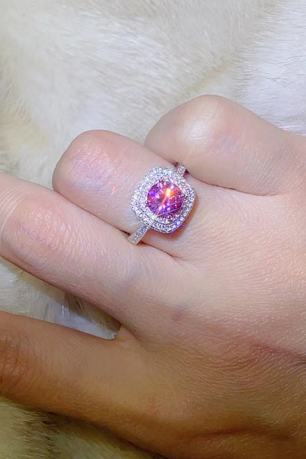 Double Halo / Pink Square Shaped Moissanite Gem Ring
