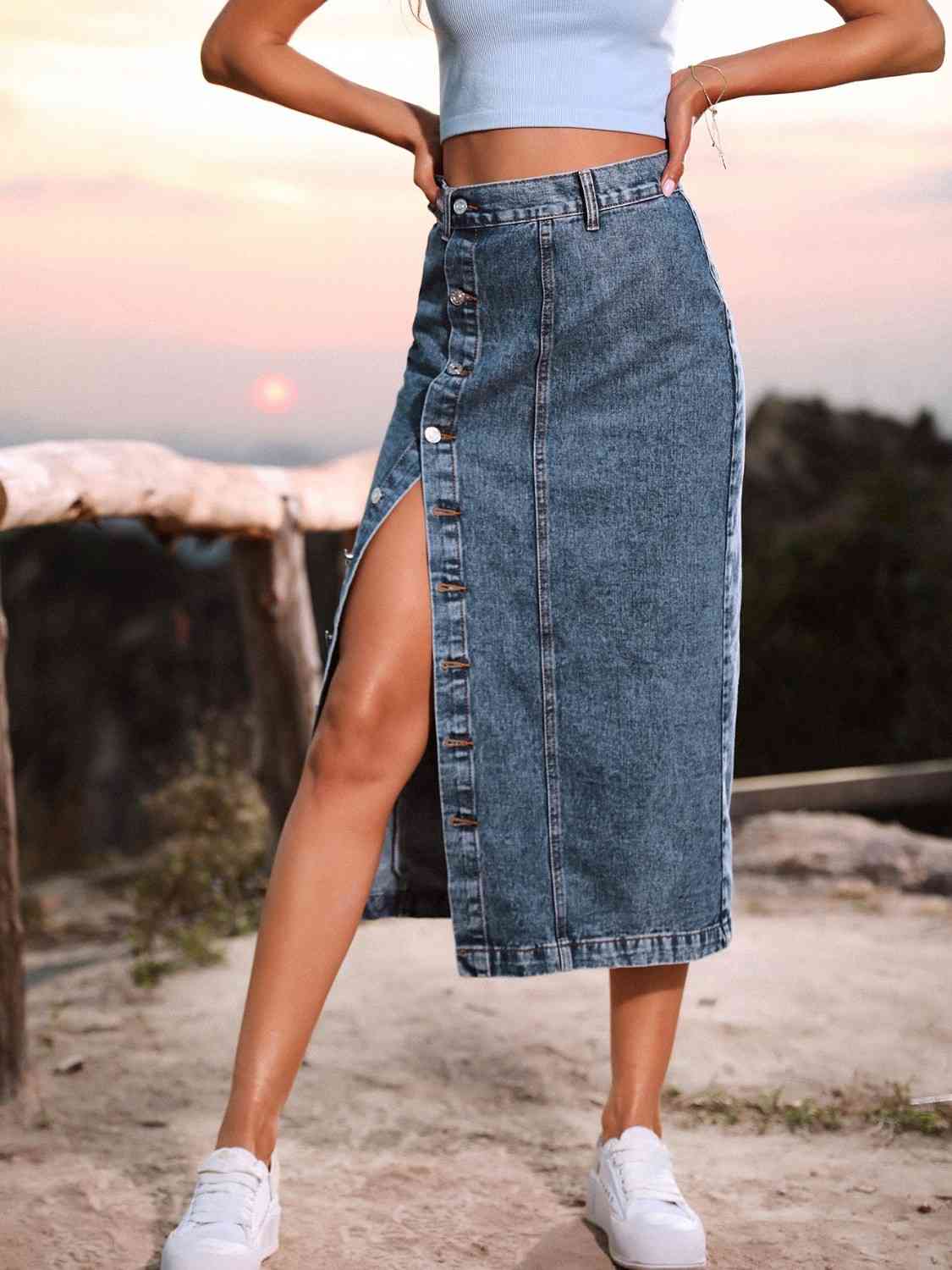 Denim Midi Length Skirt with Buttons Side Split